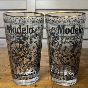 MODELO CERVEZA LIMITED EDITION BEER PINT GLASS PAIR LOT 2 MARIACHI MUSICIAN